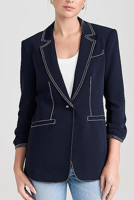 NWT - Cinq à Sept 'Khloe' Ruched 3/4-Sleeve Crepe Blazer, Navy/Ivory - Size 0