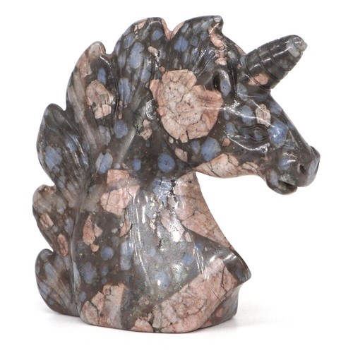 3" Unicorn Head Natural Gems Texas Llanite Blue Opal Carved Mystic Statue #25 - Picture 2 of 8