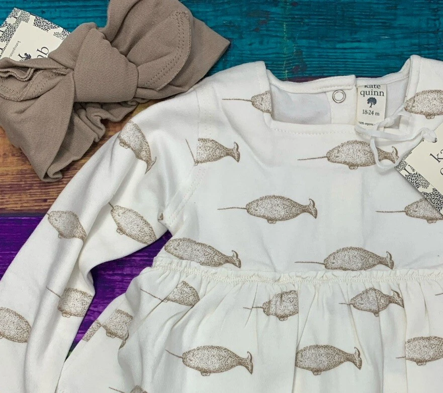 NUEVO CON ETIQUETAS Kate Quinn Niñas 18-24 Meses Moca Narval Volantes Orgánico Mono y Lazo Foto 3 de 4