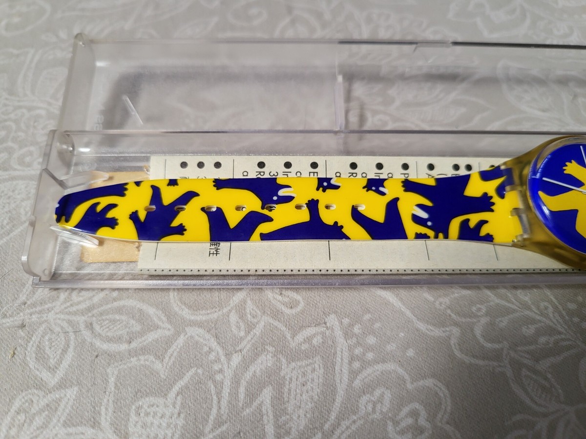 Swatch 1993 BESTIONE Blue Yellow Bear Pattern Swiss Watch 