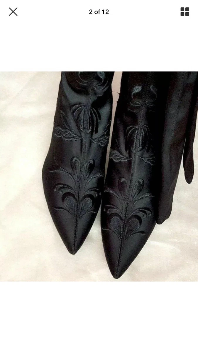 ZARA BLACK OVER THE KNEE EMBROIDERED SATIN BOOTS UK Size 4 EUR 37