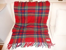 TROY ROBE Blanket Red Plaid Wool Throw Fringe Vintage 52" x 54" WARM THICK