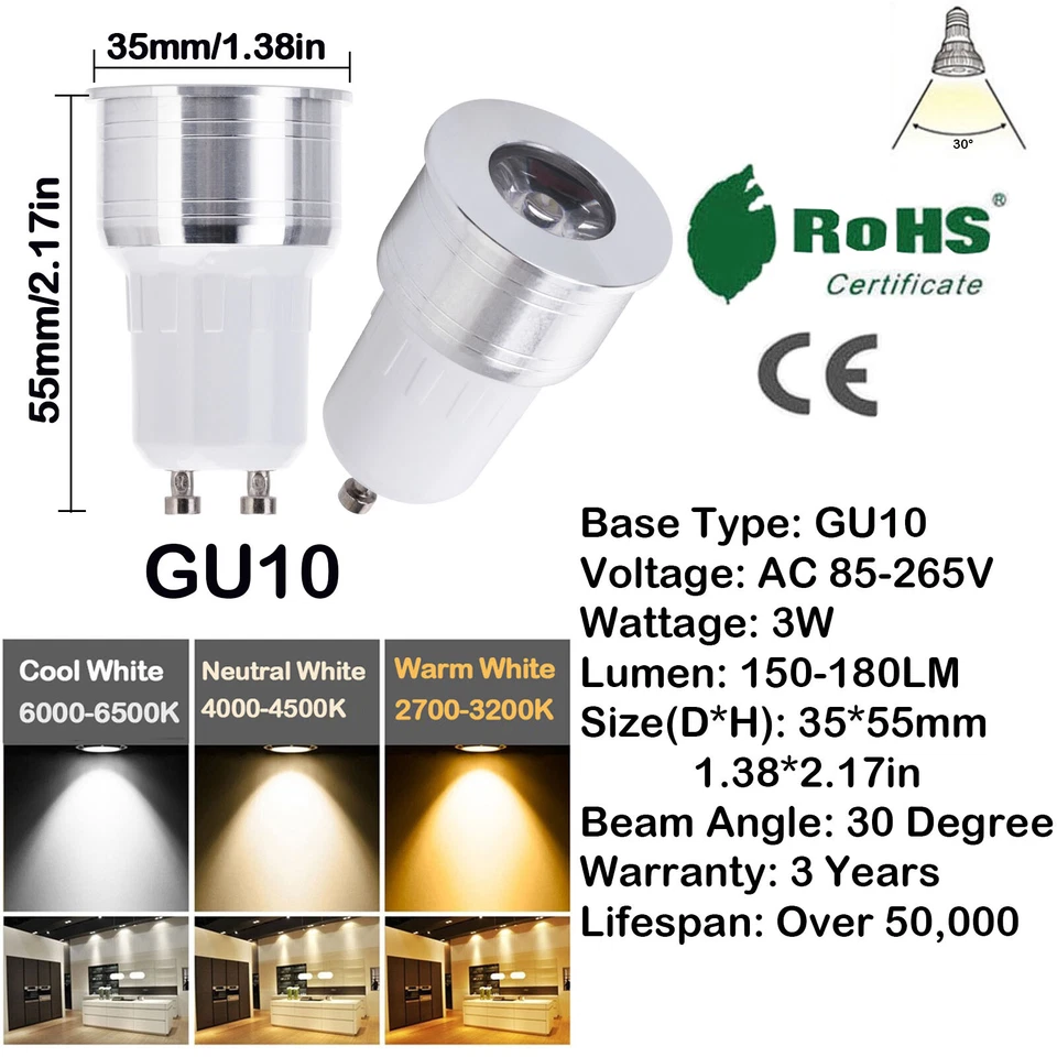 Mini 35mm Diameter GU10 LED Spotlight Bulbs 3W Lamp AC 110V 220V Energy Saving - Image 2 of 4