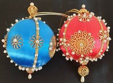 LOT of 2 SILK BALL CHRISTMAS TREE ORNAMENTS  RED  BLUE - JAPAN  EUC