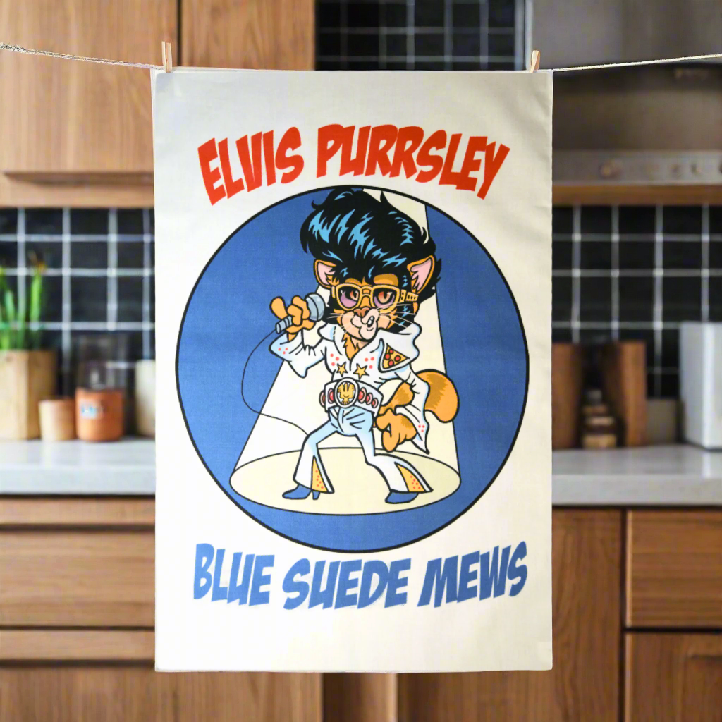 Elvis Purrsley Funny Cat Tea Towel Printed Kitchen Towells Drying Cloths Gift
