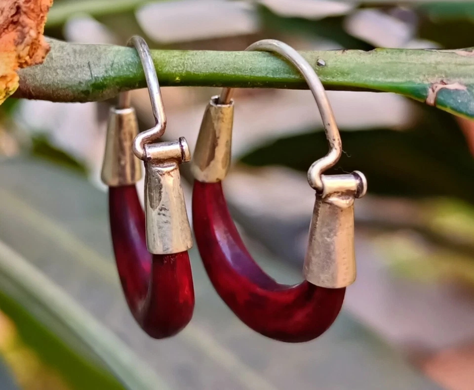 Pendiente artesanal artesanal de plata esterlina y madera pequeños aros Huggies joyería FS Foto 3 de 4