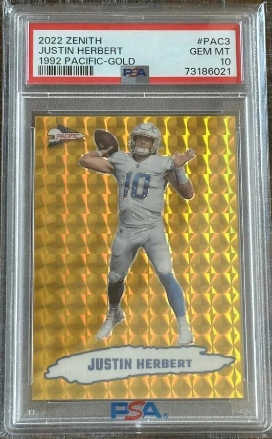 2022 Panini Zenith Justin Herbert 1992 Pacific Gold Prizm /10 PSA 10 POP 1 SSP