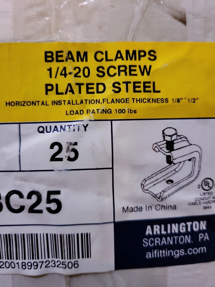NUEVO - Arlington BC25 1" Abrazadera de Viga 1/4"-20 Tamaño de Tornillo Caja de 25 Acero Chapado Foto 3 de 4
