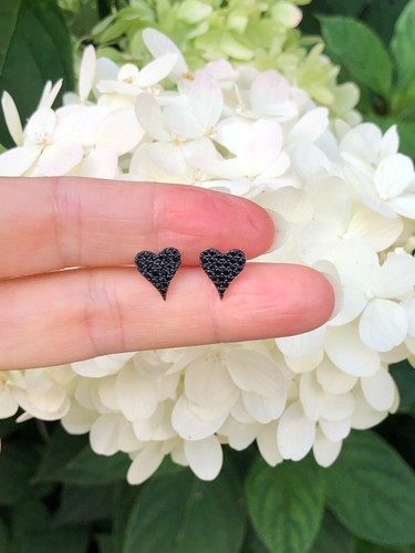 Black Onyx Pave Heart Stud Earrings 925 Sterling Silver Tiny Studs 9mm Gold - Picture 11 of 11
