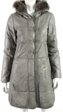 Brunello Cucinelli Women Gray Leather Hooded Coat Jacket Size 42 M