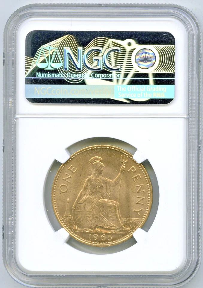 1965 GREAT BRITAIN BRITANNIA LARGE COPPER PENNY NGC MS64 RD LOW MINTAGE - Image 2 of 2