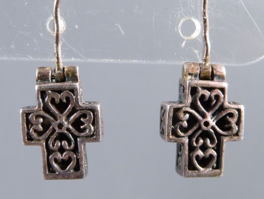 Vintage STERLING SILVER Dangle Earrings SCROLL FILIGREE CROSS Block Style