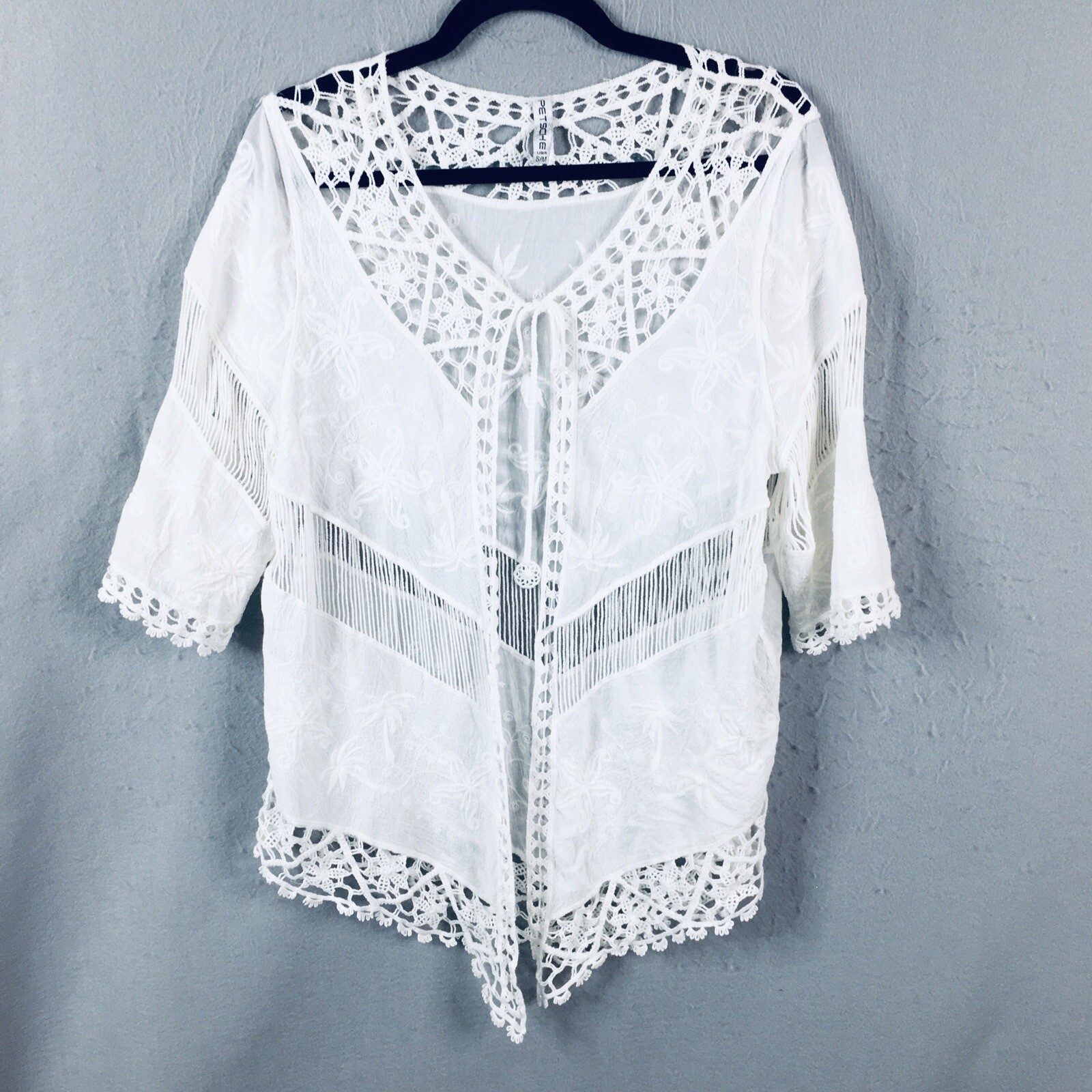 PETSCHE Top Womens Small White Sheer Lace Open Crochet Victorian Feminine