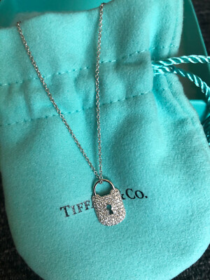 Tiffany & Co Platinum Pave Diamond Lock Pendant Chain Necklace
