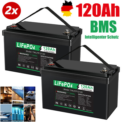 2x BMS 120Ah LiFePO4 Akku 12V Lithium Batterie für Solarbatterie Solaranlage RV