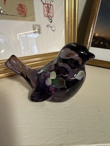 Fenton Purple Song Bird Figurine, Hand Painted Flowers by Miller, Signed.