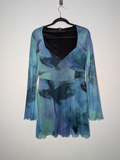 Pretty Little Thing Blue Floral Dark Fairy Grunge Whimsigoth Flare Mini Dress 10