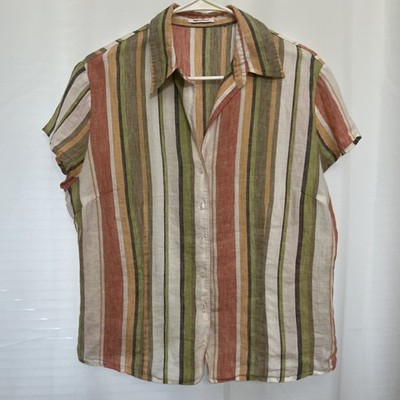 Marco Pecci Women s Multi-Colored Striped Linen Cotton Blend Button-Up Shirt M