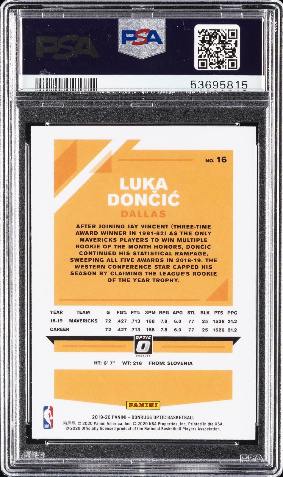 2019 PANINI DONRUSS OPTIC #16 LUKA DONCIC PSA 10 view 2