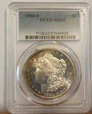 1880 S Morgan Silver Dollar PCGS MS 63 CRESENT TONING LOOKS PL