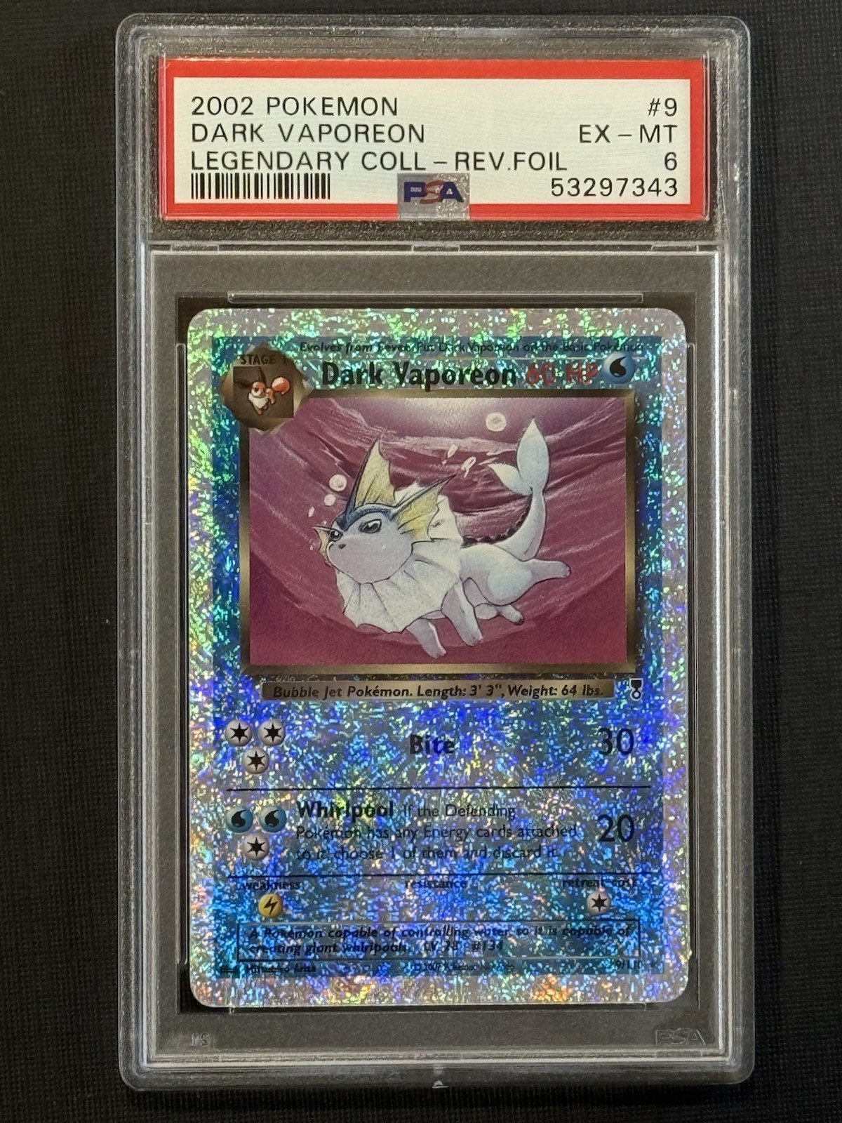 2002 Pokemon Legendary Collection Reverse Foil Dark Vaporeon #9 PSA 6 EX-MT