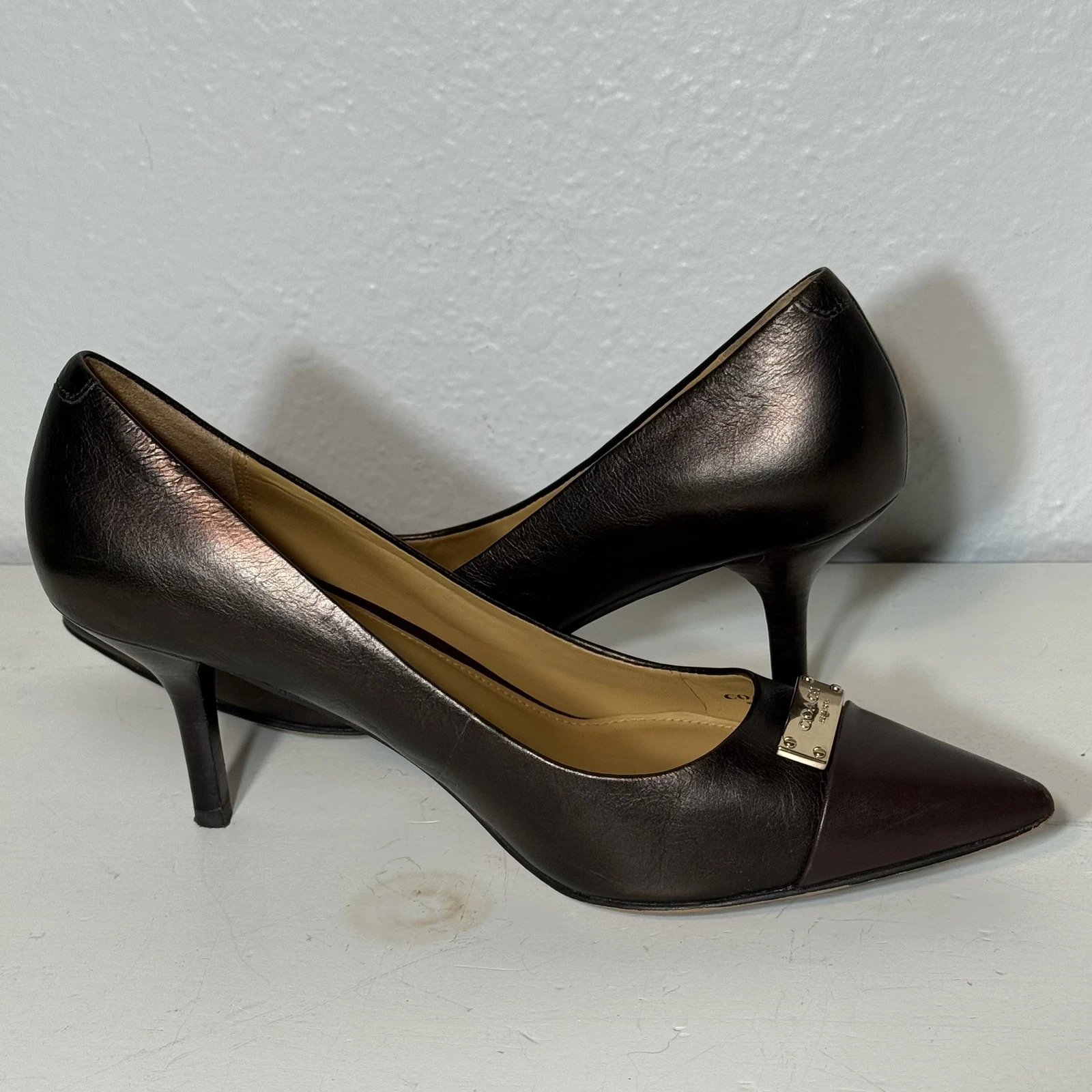 Scarpe Coach donna taglia 6 B decolte pelle metallizzata tacco a punta eleganti