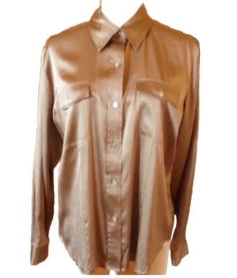     Chico s Dark Gold Button Down Long Sleeve Silk Spandex Blouse Sz 2