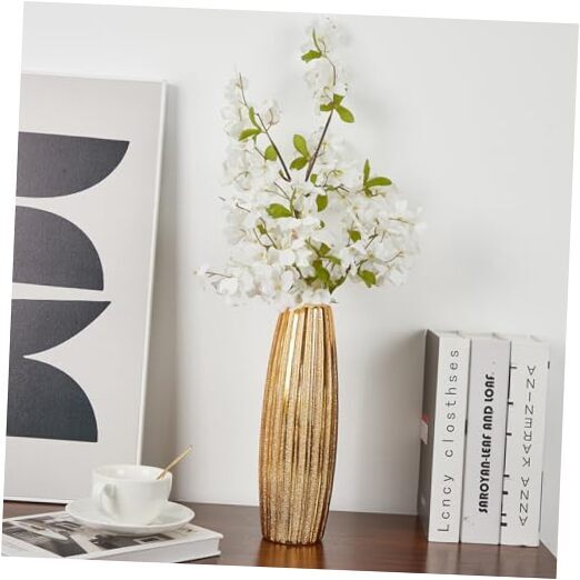 12''H Gold Vase Office Decor, Wedding Decoration Flower Vases, Gold Drum Shape