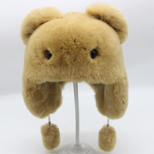 Kids Children Real Rex Rabbit Fur Hat Warm Caps Cute Bear Style Outdoor Beanie - Picture 7 of 15
