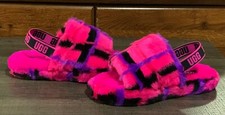 UGG Fluff Yeah Kids Girls Sandals Slippers Plaid Punk Pink Purple sz US 6/EUR 38