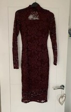 River Island Burgundy Lace Long Sleeved Midi Dress Keyhole Back Size 8 VGC