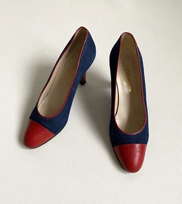Escarpins bicolores en denim CHANEL vintage 1980's - Pointure 8 (39) - Photo 1/4