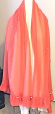 Scarf Shawl Dupatta India Coral Sheer wRuffle Hem Rhinestones and Beads 86"x44"