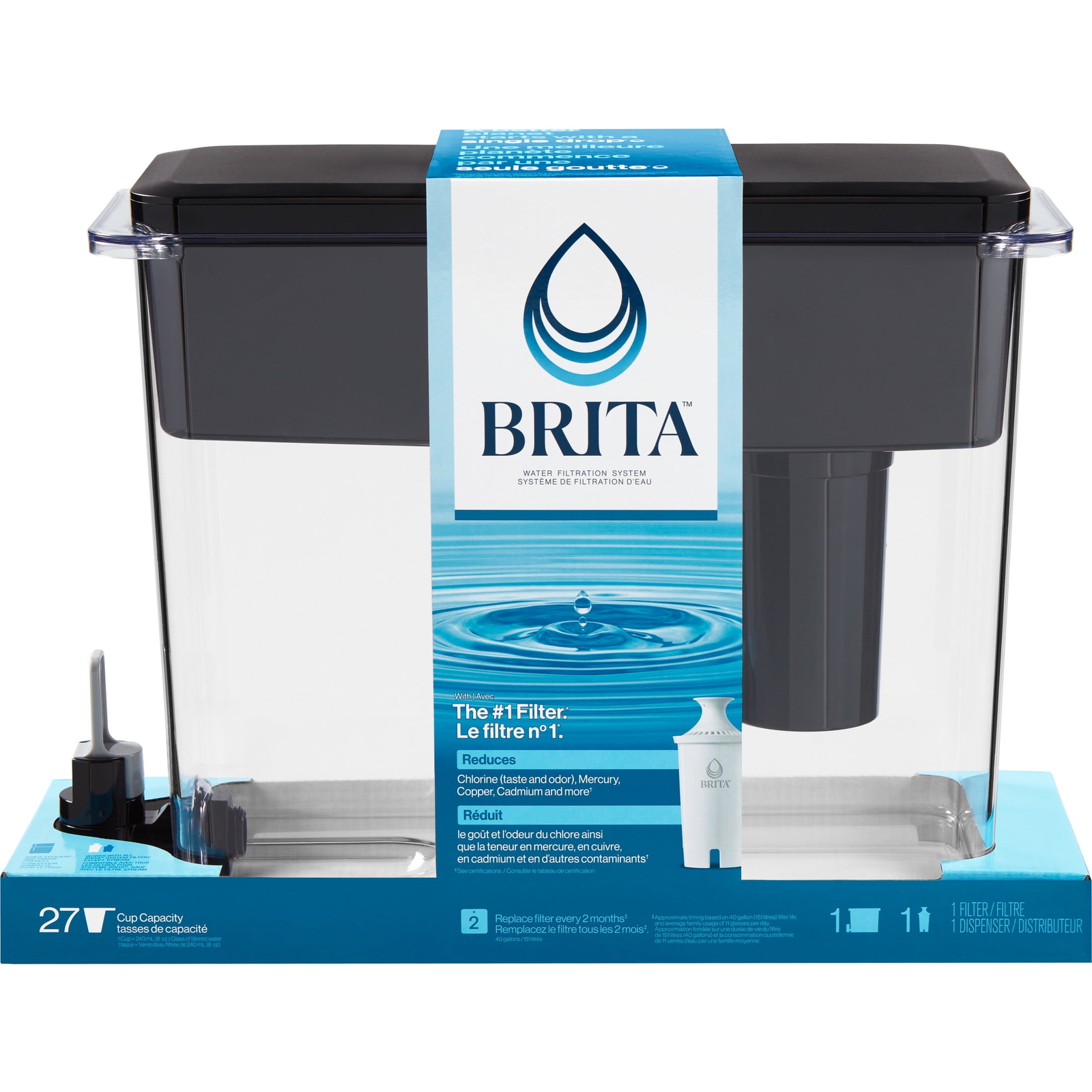 Brita Extra Large Ultramax 27 Cup Black Filtered Water Dispenser with 1 Standard