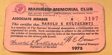 VINTAGE 1975 USMC MARINES MEMORIAL CLUB ASSOCIATE MEMBERSHIP CARD