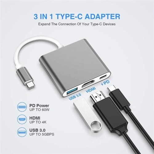 Hub Adapter For Mac Book Laptops USB to Converter 3-in-1 4K USB-C HDMI 3.0 - Photo 2/6