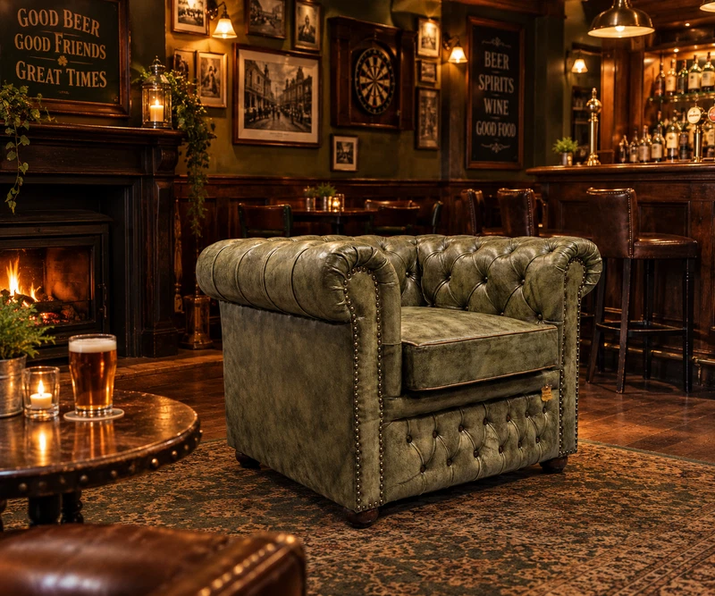 Poltrona Chesterfield Club in VERA PELLE Verde Capitonné con Borchie Salotto Pub, fotografia 4 di 16