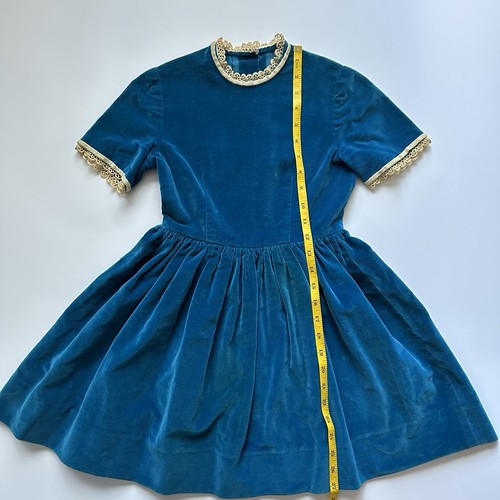Vintage 60s-70s Elegant Velvet Blue Girls Dress Lace Collar Trim Size 5-6 - Picture 10 of 17