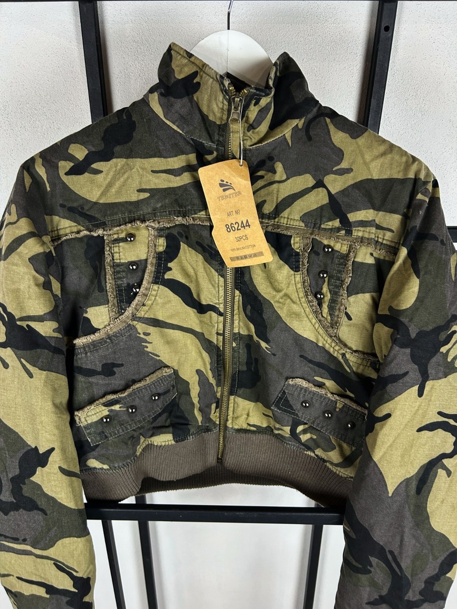 noe NEW Y2K Cropped Camo Bomber Jacket Military Zip Up Distressed