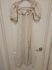 Reformation Linen Midi Dress Womens Size 2 Puff Sleeve Ruffle Neck Slit