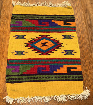 Vintage Southwestern Zapotec Wool Rug Table Wall Hand Woven Mustard #15