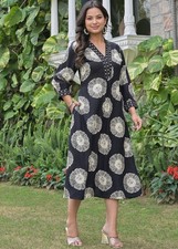 Women Black Floral Designer Kurti with Pocket Cotton Ethnic Casual Kurta