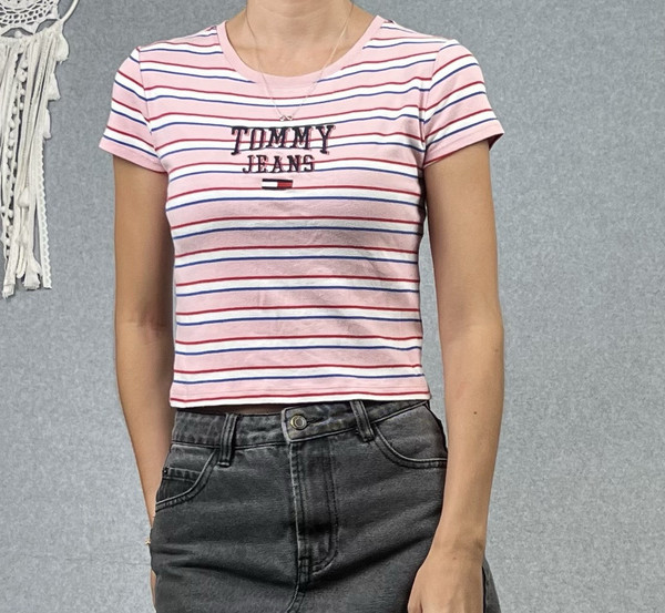 Tommy Jeans Tommy Hilfiger Tee T Shirt Womens Small Baby Crop Pink Striped