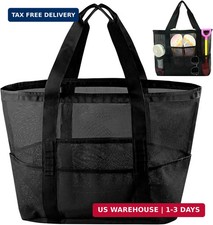Large Mesh Beach Tote Bag, 9-Pocket Foldable Summer Vacation Beach Bag for Trave