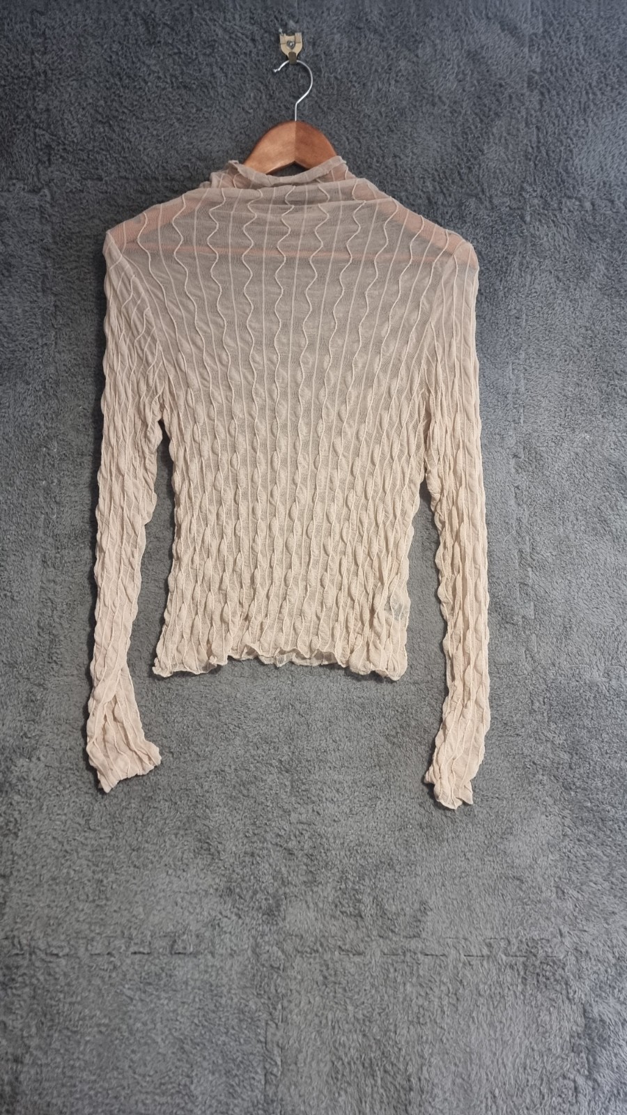 Beige Sheer Mesh Top Size L High Neck Long Sleeve Crinkle Y2K Festival Layering image 3