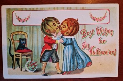 Halloween Antique Postcard Veggie Guys JOL Pumpkin People Share Kiss #914 Saxony