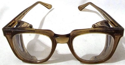 AI SAFETY GLASSES w/ mesh screen shields VINTAGE 1960s 1970s smoky gray horn rim