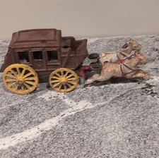 Vintage Cast Iron Stagecoach Toy with Horses Western Cowboy Brown Yellow Red