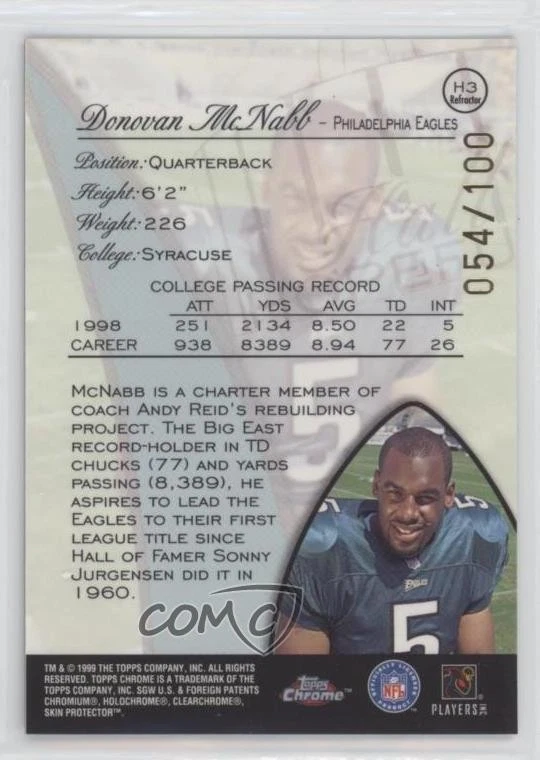 1999 Topps Chrome Hall Hopefuls Refractor /100 Donovan McNabb #H3 Rookie RC - Image 2 of 2