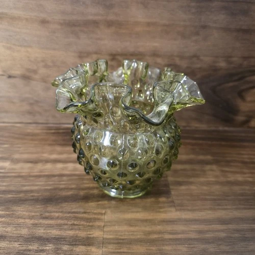 Vintage Fenton Olive Green Ruffled Edge Hobnail Vase. 4.25" (chips on bottom)